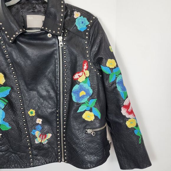 ASOS HTF Floral Embroidery Leather Biker Jacket Size 14 - Picture 6 of 10